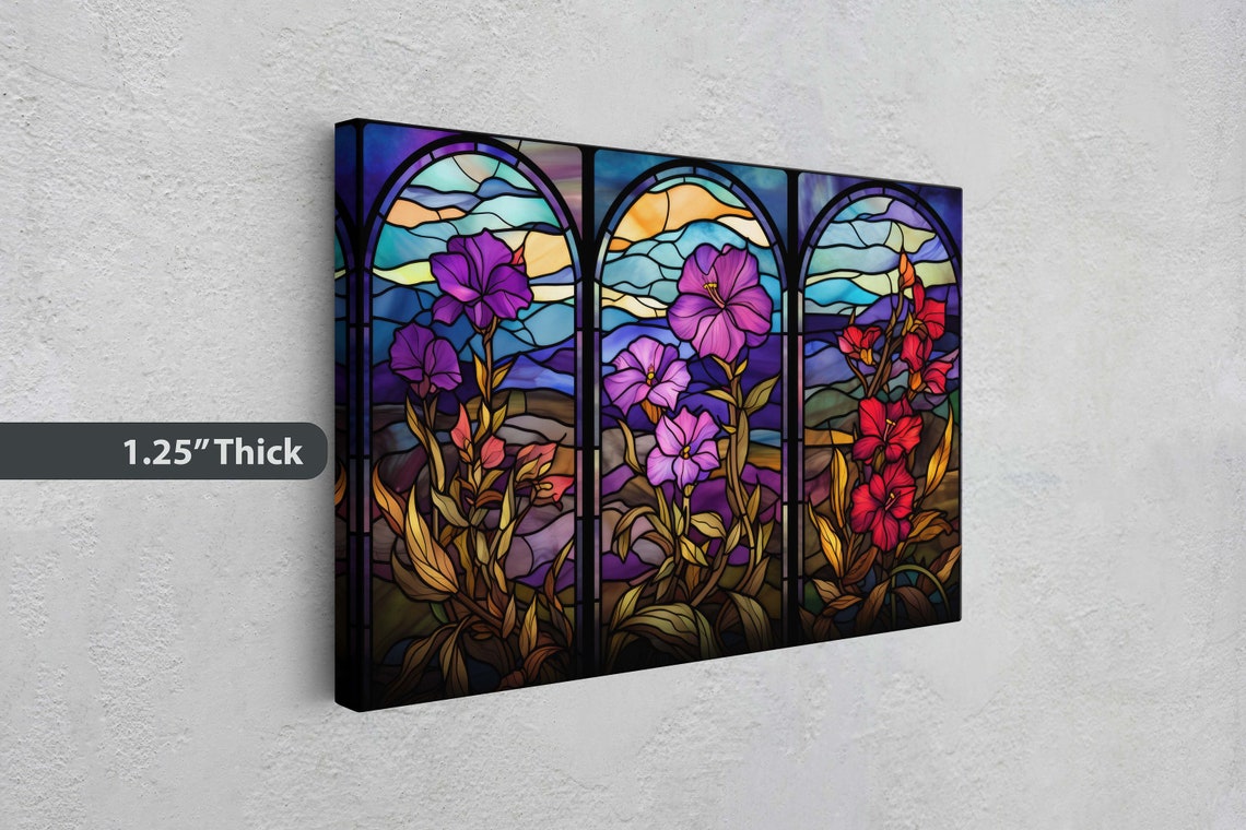 Stained Glass Wildflower Triptych Window Pink Purple Red Art Print - Image 3