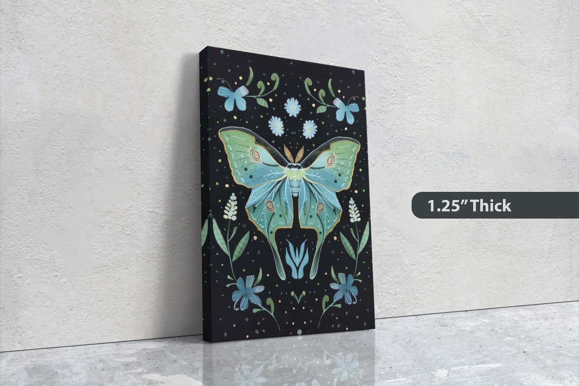 Luna Moth Folk Art Celestial Art Cottagecore Framed Dark Print Mint Green Nature Print - Image 3