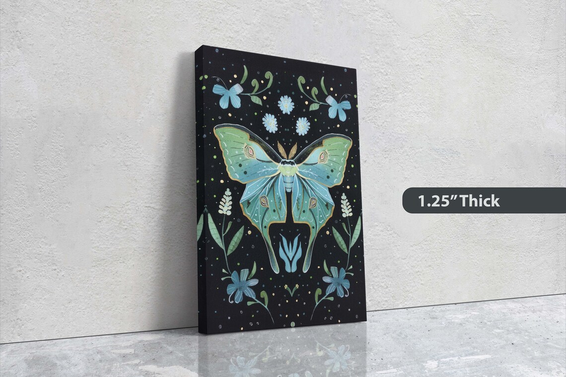 Mint Green Luna Moth Folk Art Celestial Starry Night Wall Art Print - Image 3