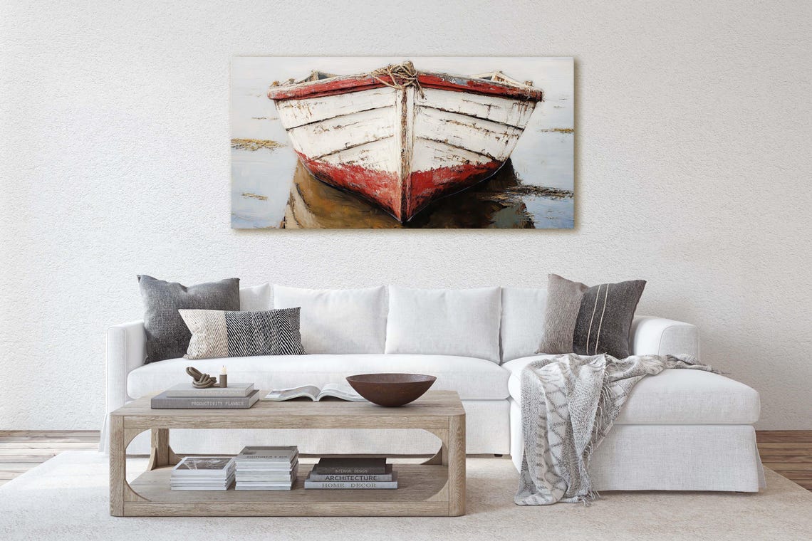 Weathered Red And White Rowboat Bow Nautical Coastal Art Poster - Image 3