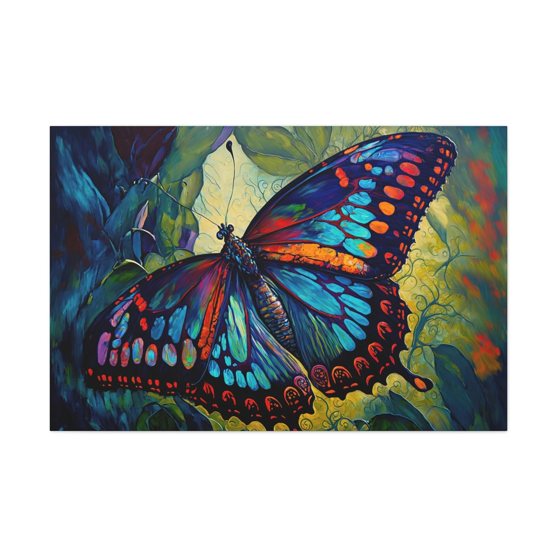 Colorful Blue Red Swallowtail Butterfly Green Foliage Macro Art Poster