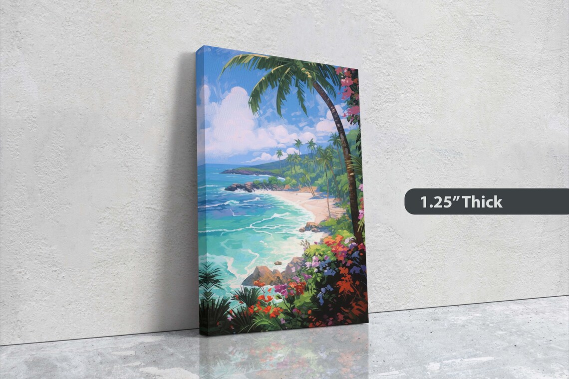 Flower Beach Coastal Painting, Tropical Island Art Print - Image 3