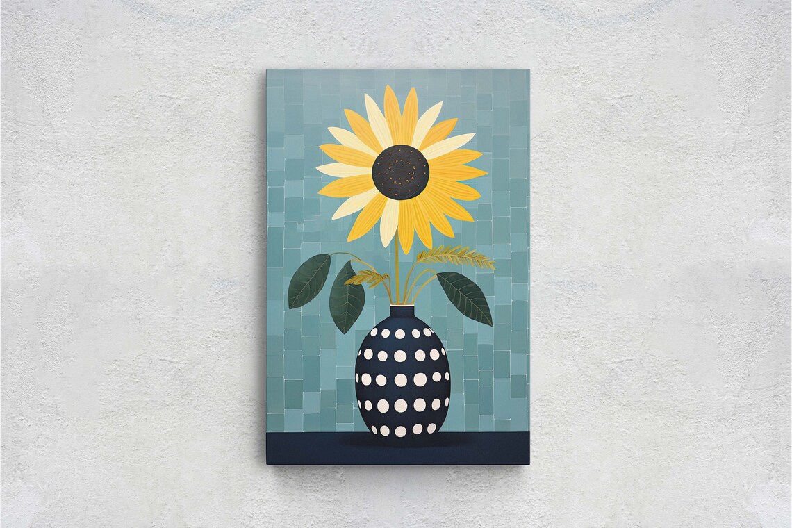 Yellow Sunflower Polka Dot Vase Teal Tile Modern Floral Art Poster - Image 2