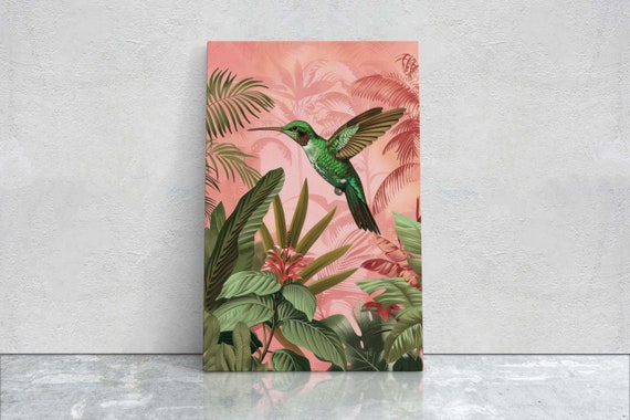 Hummingbird Painting Pink Tropical Botanical Jungle Maximalist Decor Framed Extra Large Print Exotic Bird Vintage Bold