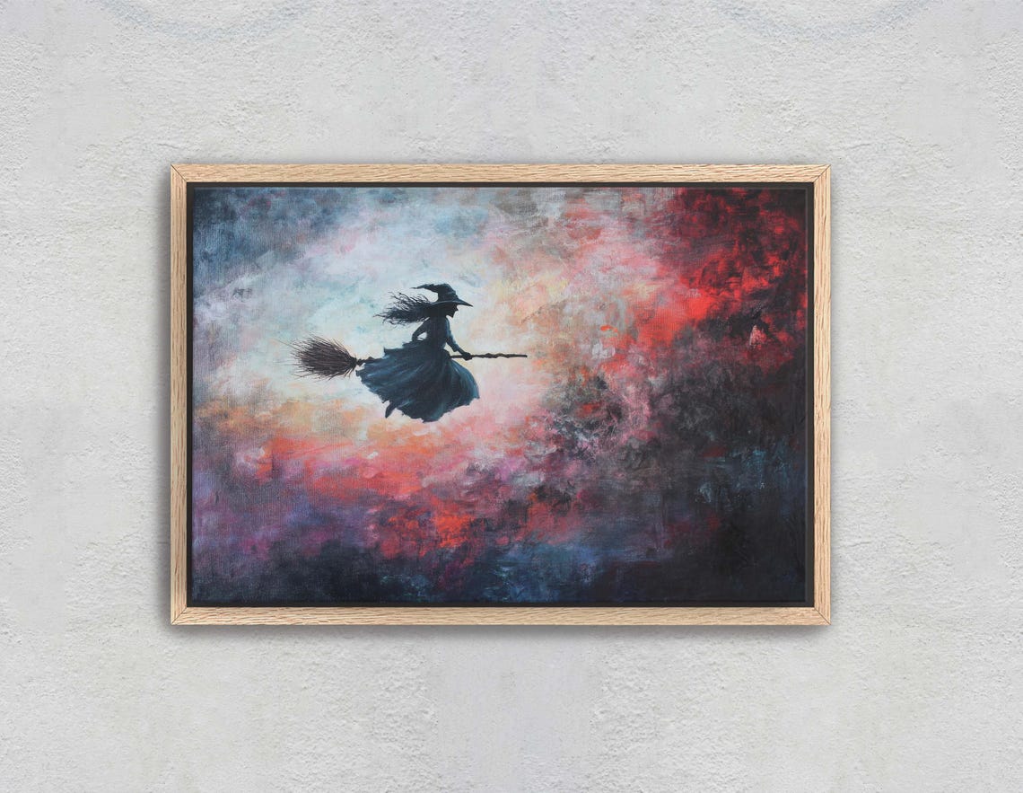 Witch Flying on Broomstick Across Colorful Stormy Sky Halloween Poster