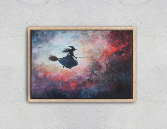 Witch Flying on Broomstick Across Colorful Stormy Sky Halloween Poster