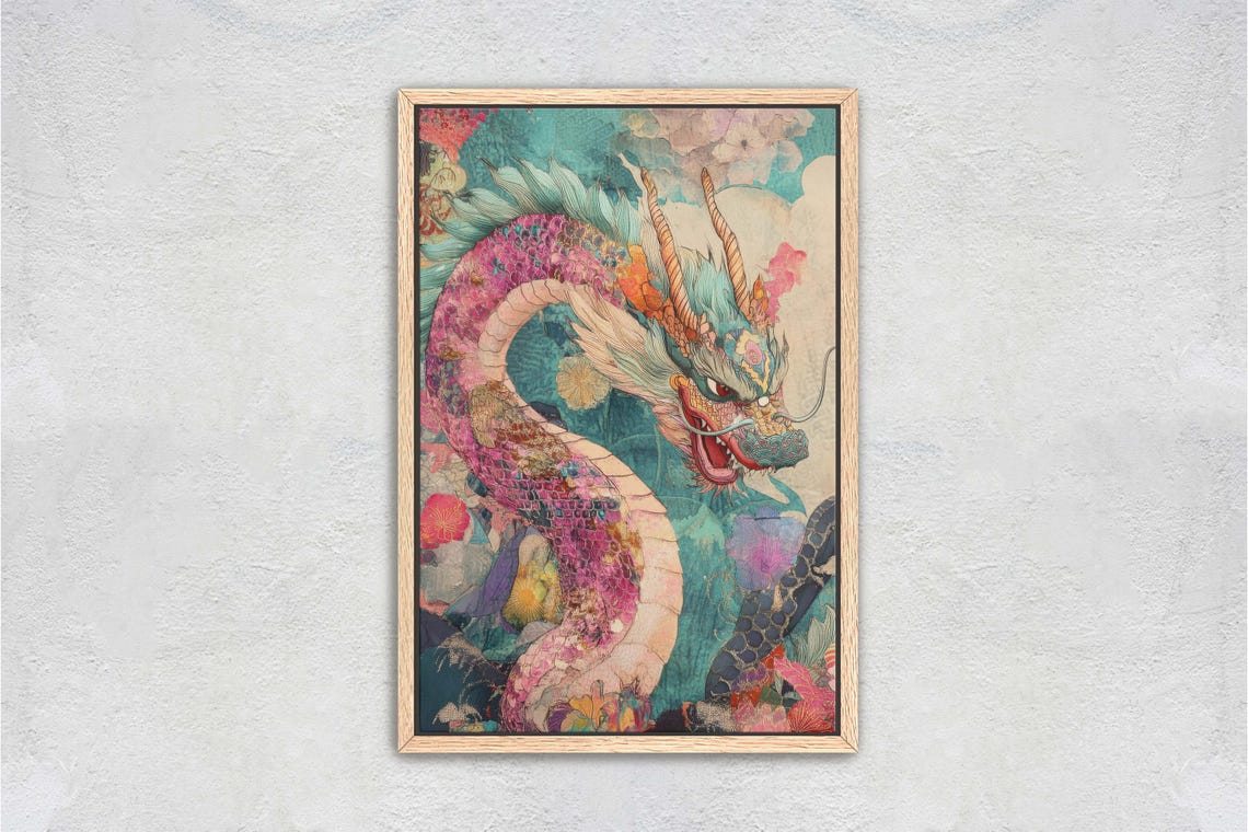 Japanese Dragon Coiled Pink Scales Teal Floral Pattern Art Poster - Image 2