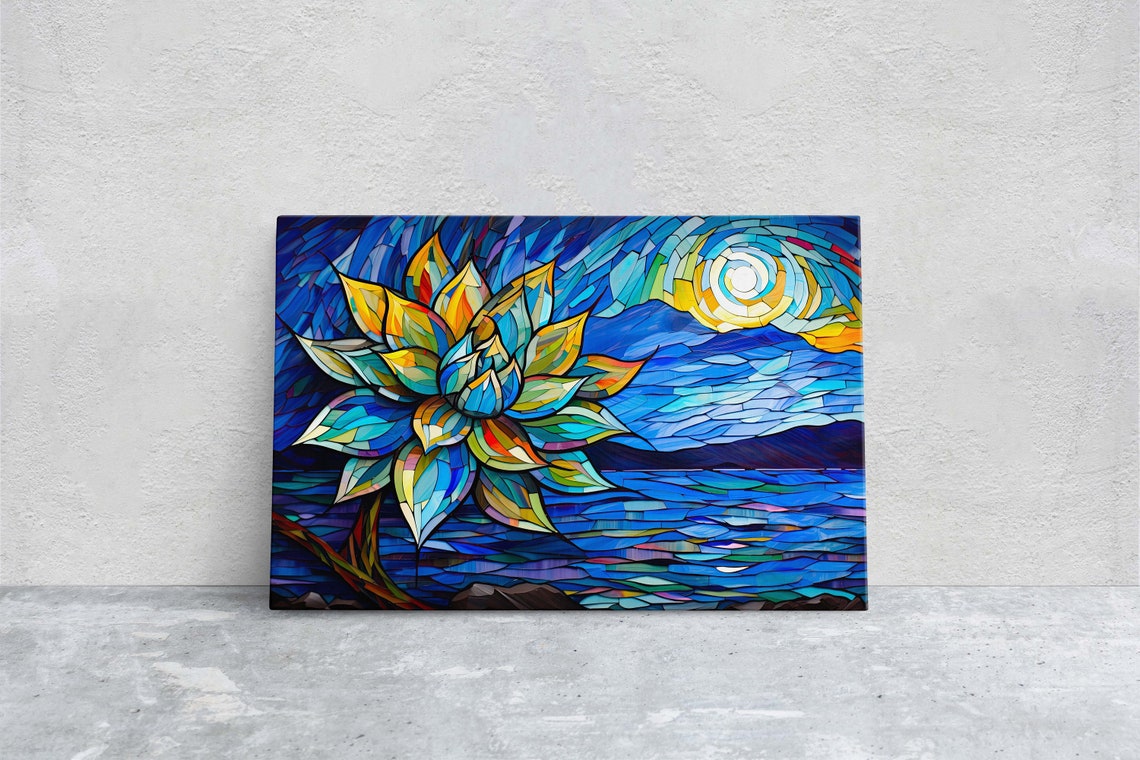 Stained Glass Lotus Flower Sunset Mosaic Lake Mountain Art Print