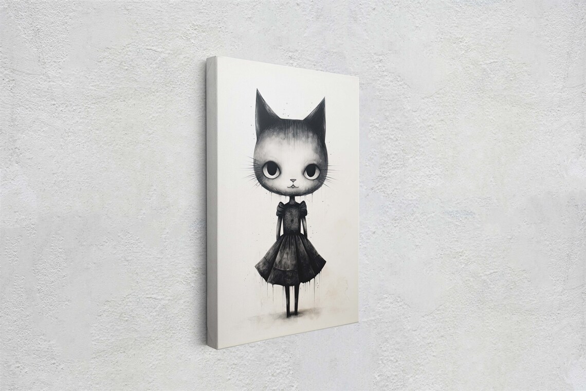 Creepy Cute Black Cat Girl Big Eyes Dark Dress Character Art Poster - Image 2