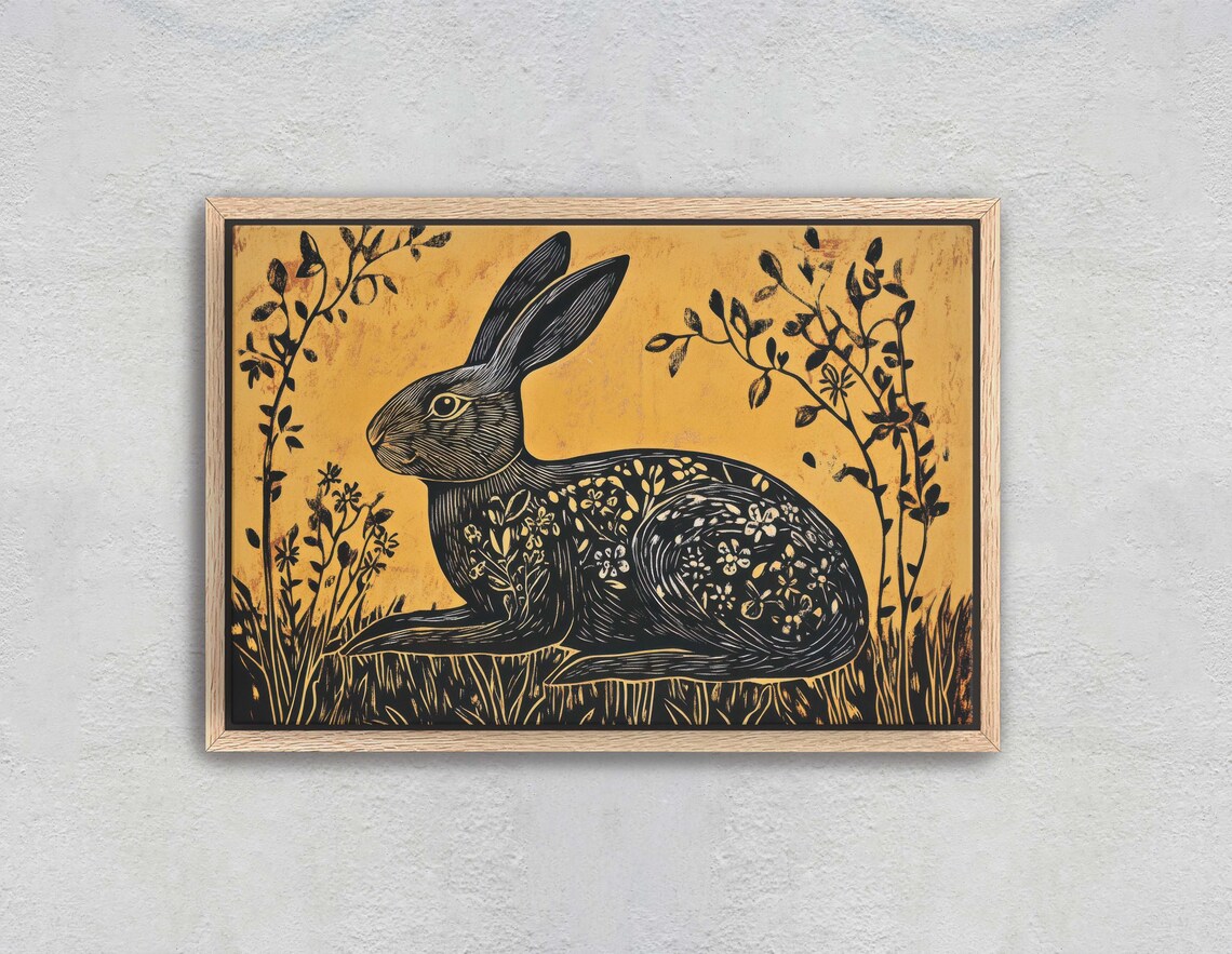 Folk Rabbit Linocut Art Print, Cottagecore Nature - Image 2