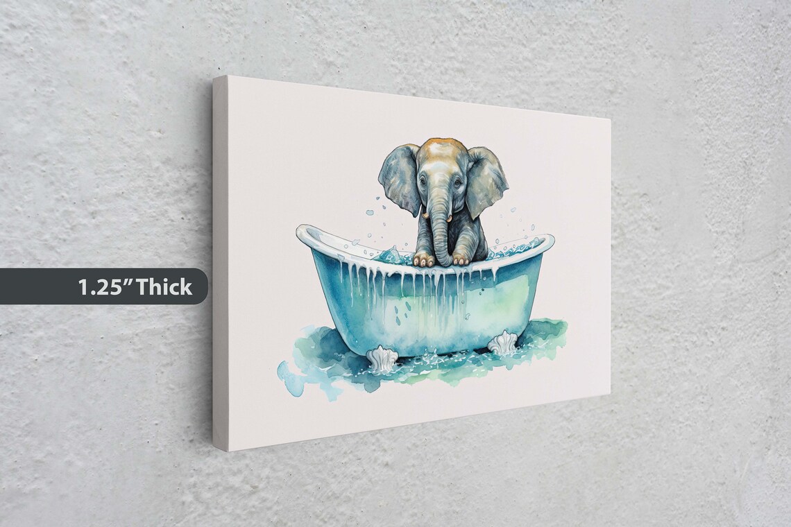 Baby Elephant In Blue Bathtub Watercolor Kids Bathroom Wall Art - Image 3
