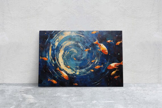 Fish School Painting Wall Art Abstract Blue Sea Painting Boho Wall Dcor Custom Painting Home Decor Large Original Framed