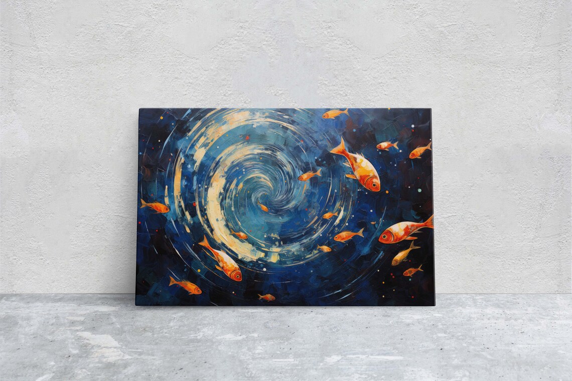 Fish School Painting Wall Art Abstract Blue Sea Painting Boho Wall Dcor Custom Painting Home Decor Large Original Framed