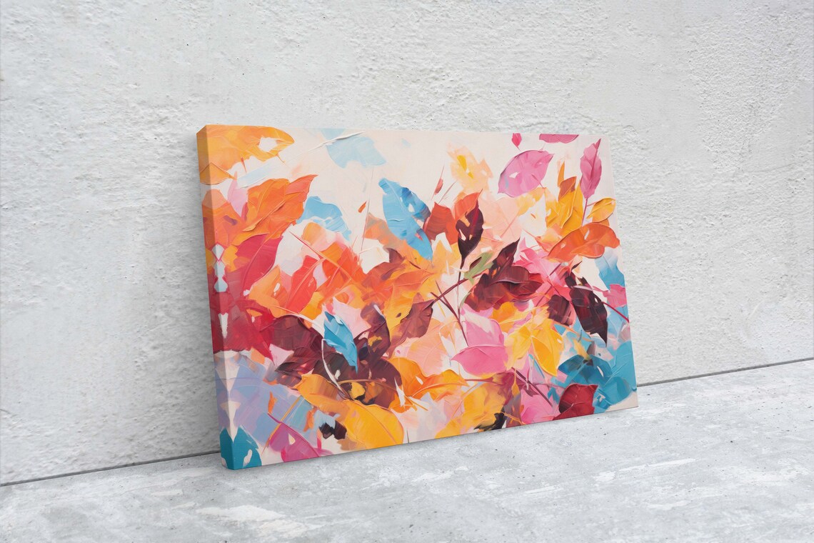 Abstract Autumn Leaves Orange Pink Blue Brushstrokes Modern Art Print - Image 2