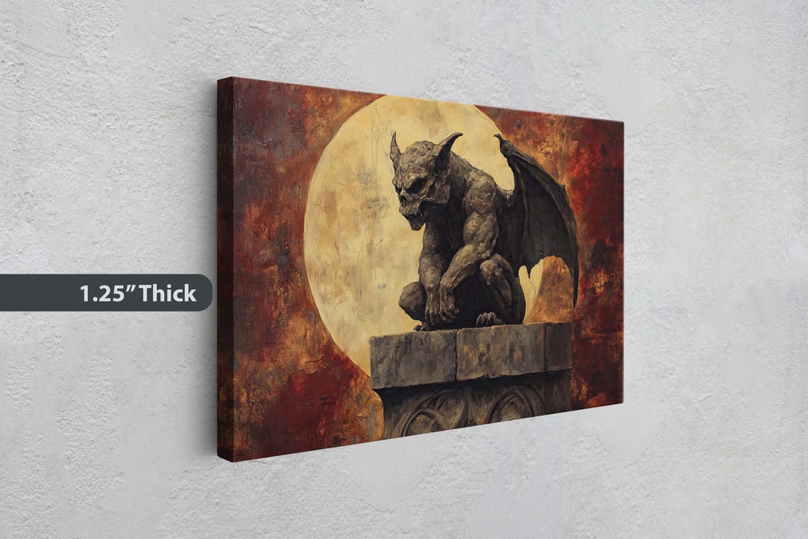 Stone Gargoyle Perched Before Giant Full Moon Dark Gothic Art Poster - Image 2