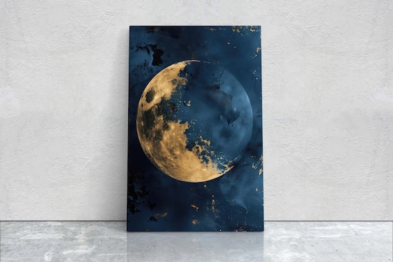 Gold Moon Indigo Celestial Art Print, Minimalist