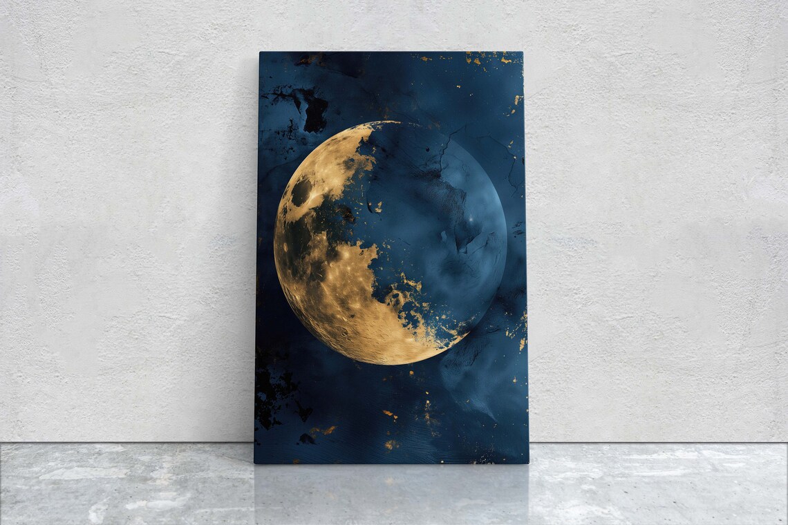 Gold Moon Indigo Celestial Art Print, Minimalist