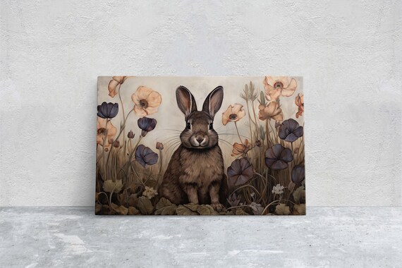 Brown Bunny Among Wildflowers Earth Tone Floral Vintage Art Poster