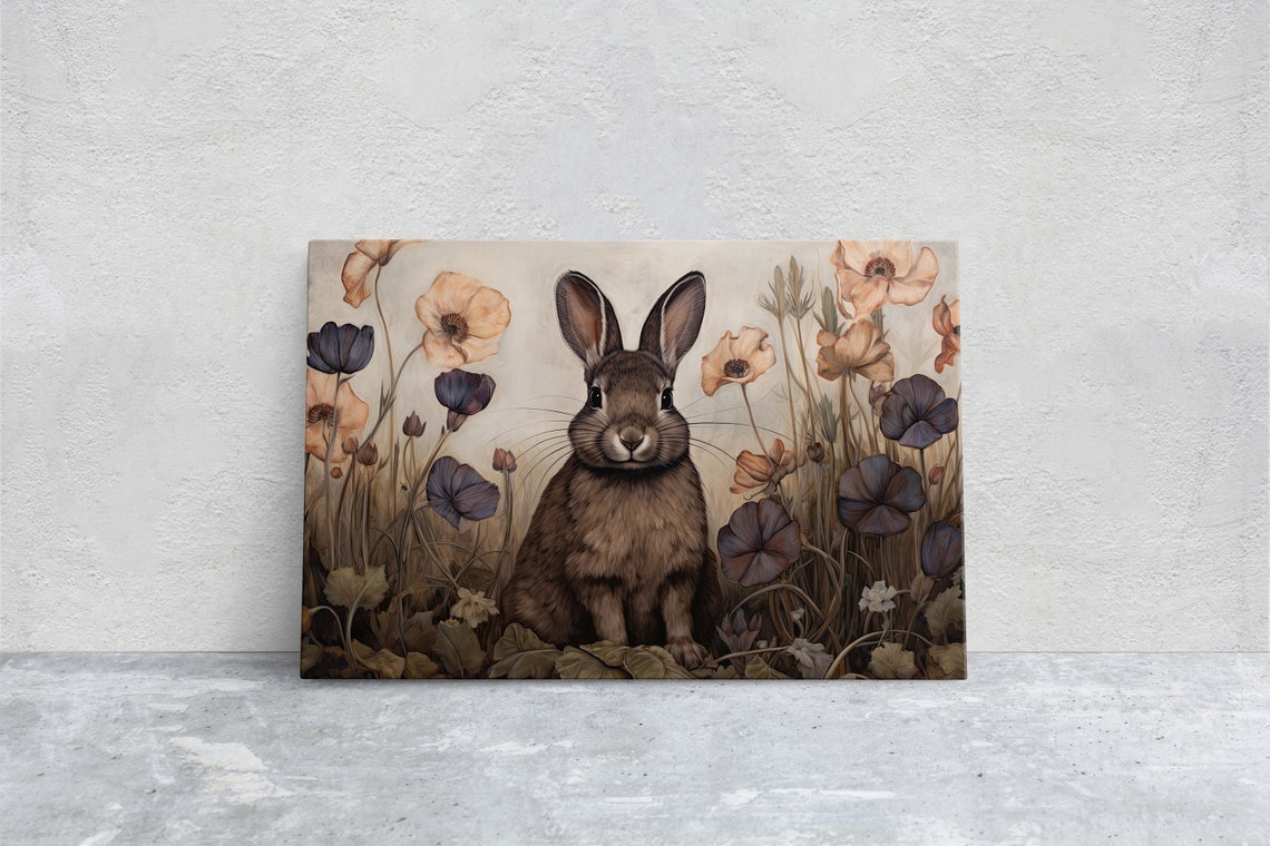 Brown Bunny Among Wildflowers Earth Tone Floral Vintage Art Poster