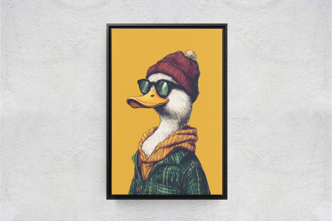 Hipster Duck in Sunglasses Beanie and Scarf Quirky Animal Art Print