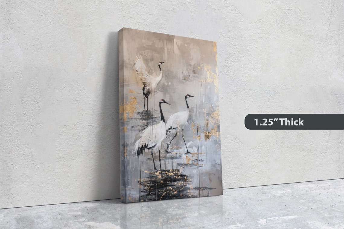 Three Japanese Cranes in Gold Beige Minimalist Japandi Style Wall Art - Image 3