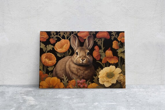 Brown Rabbit Vivid Orange Poppies Dark Floral Botanical Art Poster