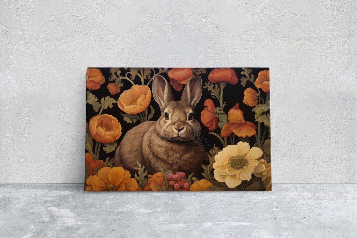 Brown Rabbit Vivid Orange Poppies Dark Floral Botanical Art Poster