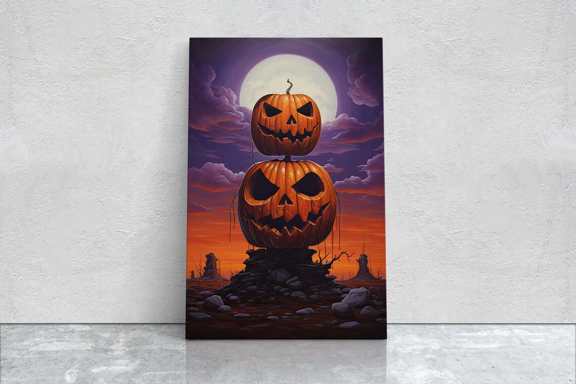 Stacked Jack O Lanterns Full Moon Spooky Halloween Night Art Poster