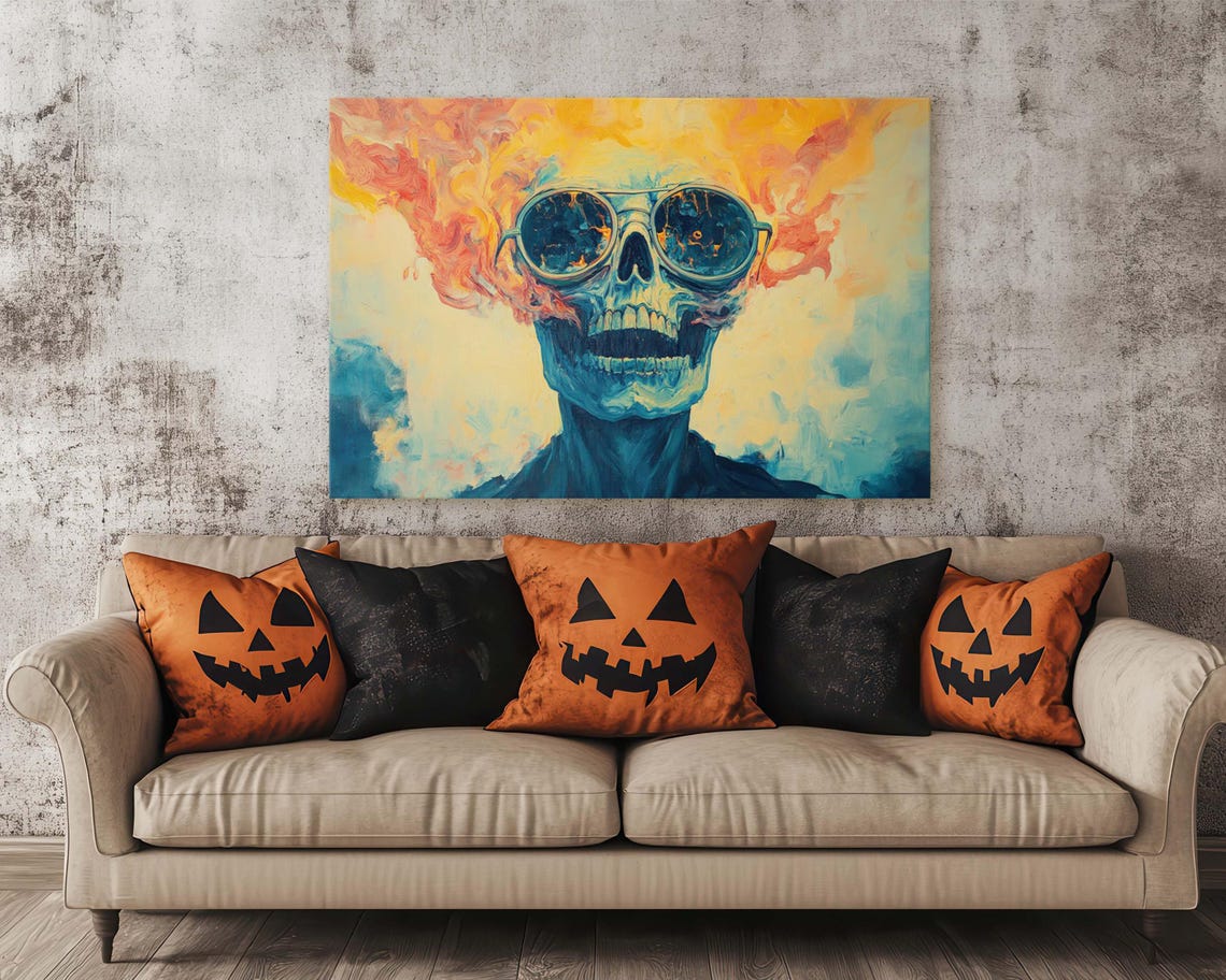 Flaming Skull Wearing Goggles Bold Color Pop Art Gothic Wall Poster