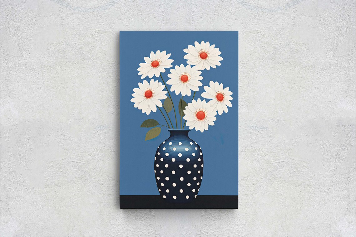 White Daisies Polka Dot Vase Blue Background Modern Floral Art Print - Image 2