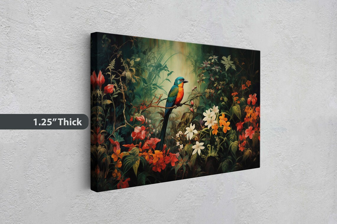 Colorful Songbird Dark Jungle Red Flowers Moody Tropical Art Poster - Image 3
