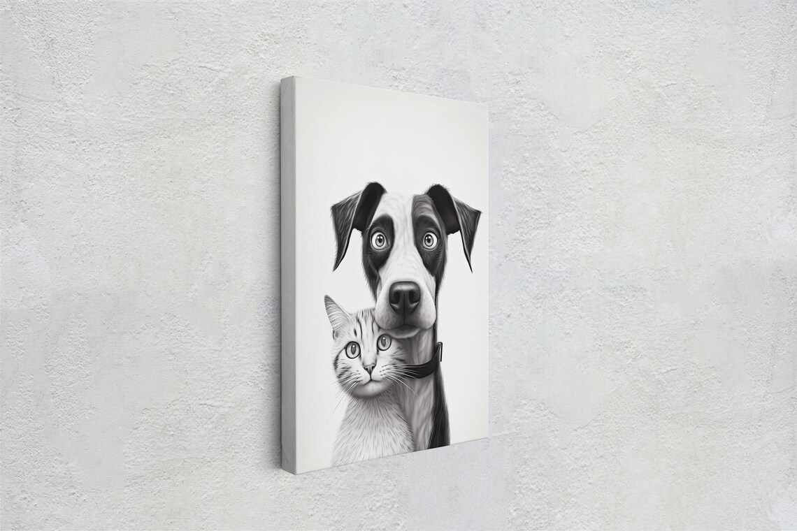 Wide Eyed Dog And Kitten Black White Sketch Pet Portrait Art Poster - Image 2
