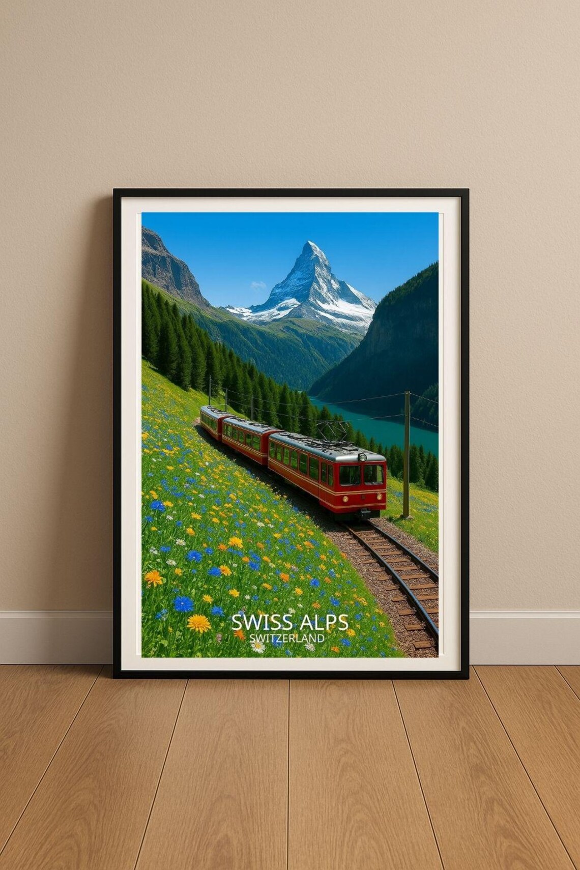Swiss Alps Red Train Matterhorn Wildflower Meadow Travel Poster