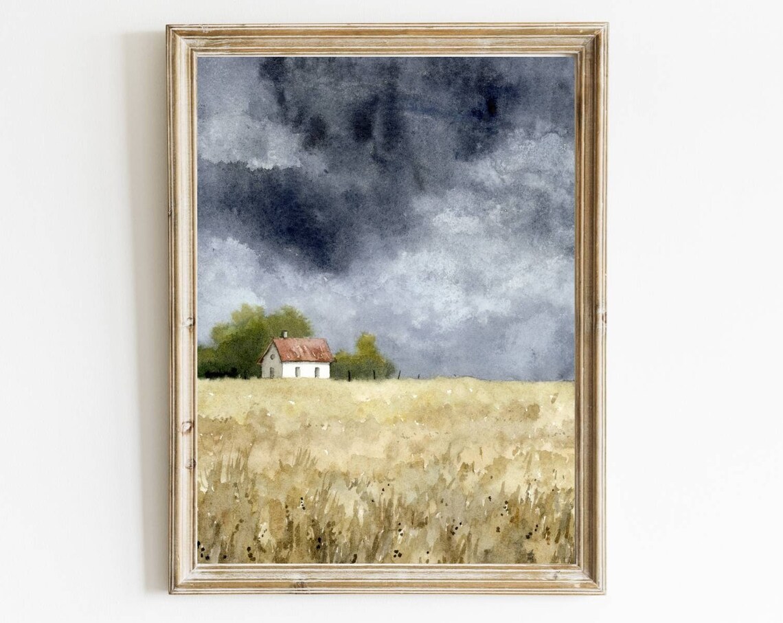 Wheat Field House Watercolor Painting, Countryside