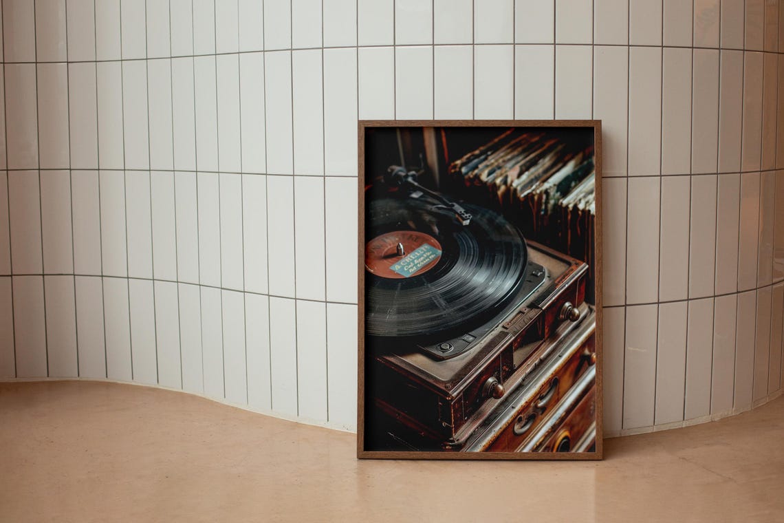 Vintage Wooden Record Player Console Warm Retro Music Poster