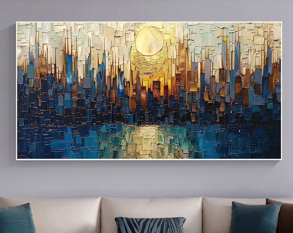 Mosaic Blue City Skyline with Golden Sun Thick Impasto Poster