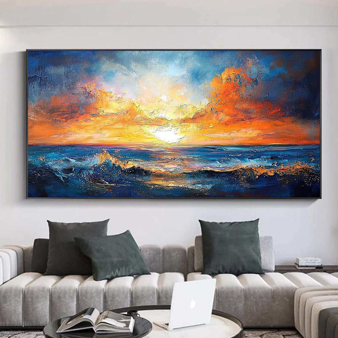 Dramatic Ocean Sunset Deep Blue Waves Seascape Painting Poster