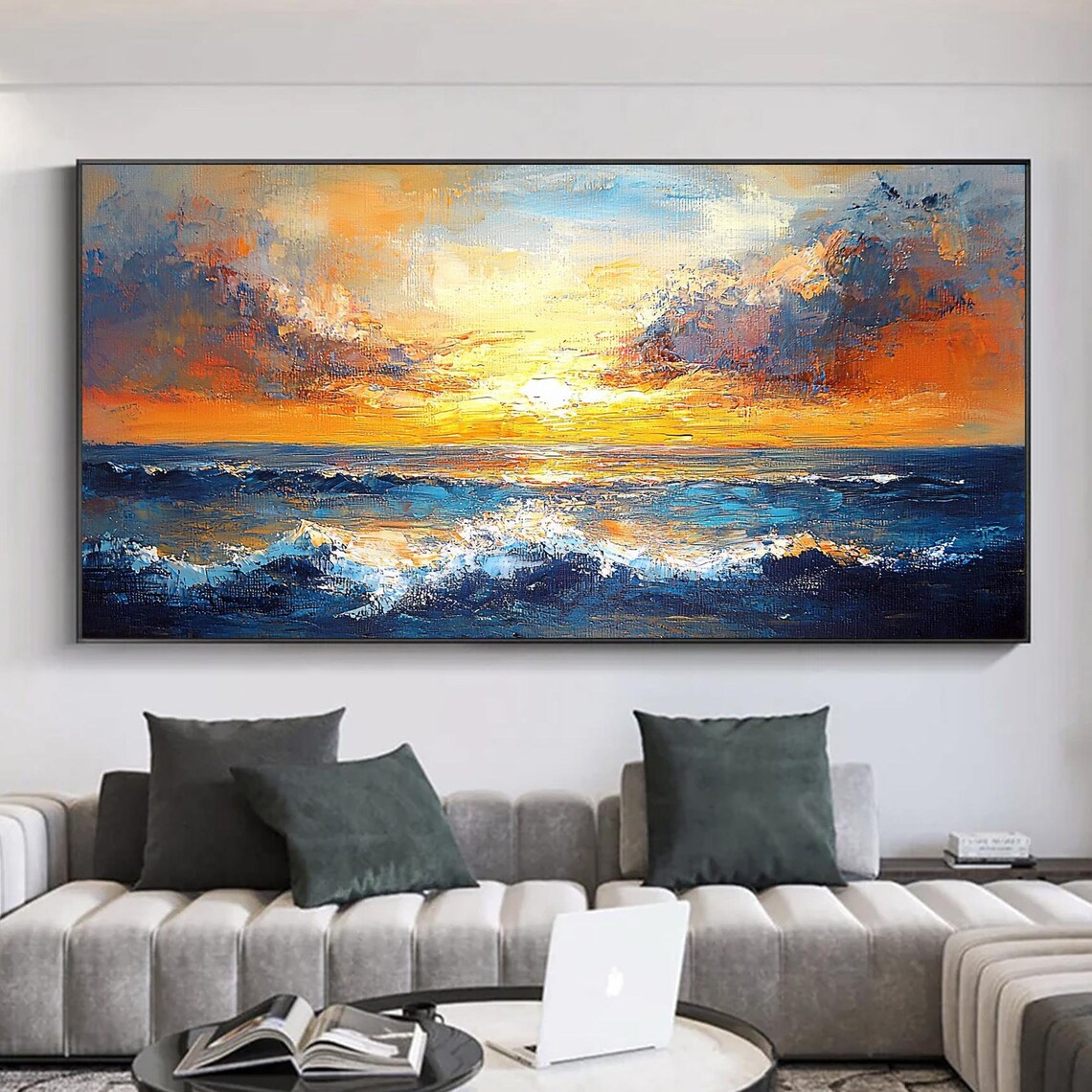 Ocean Sunset Waves Orange Sky Blue Sea Landscape Painting Poster
