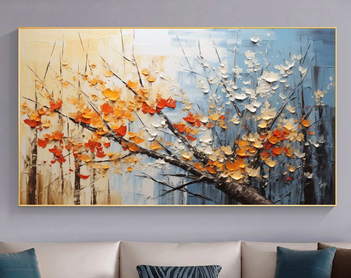 Orange Blossom Branch Blue Palette Knife Floral Painting Poster