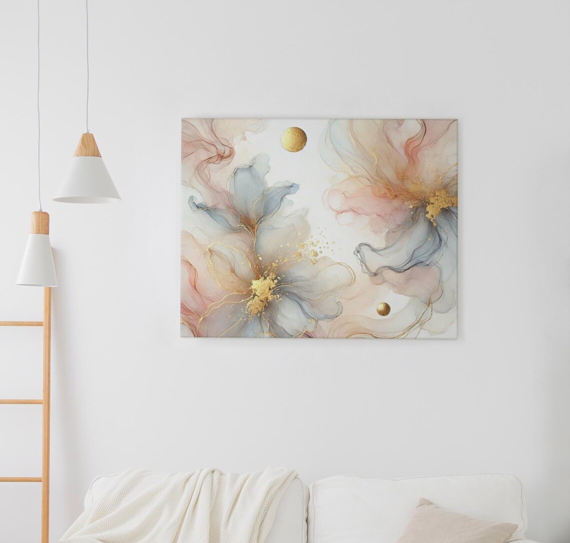 Floral Abstract Watercolor Flower Print, Gold Accent