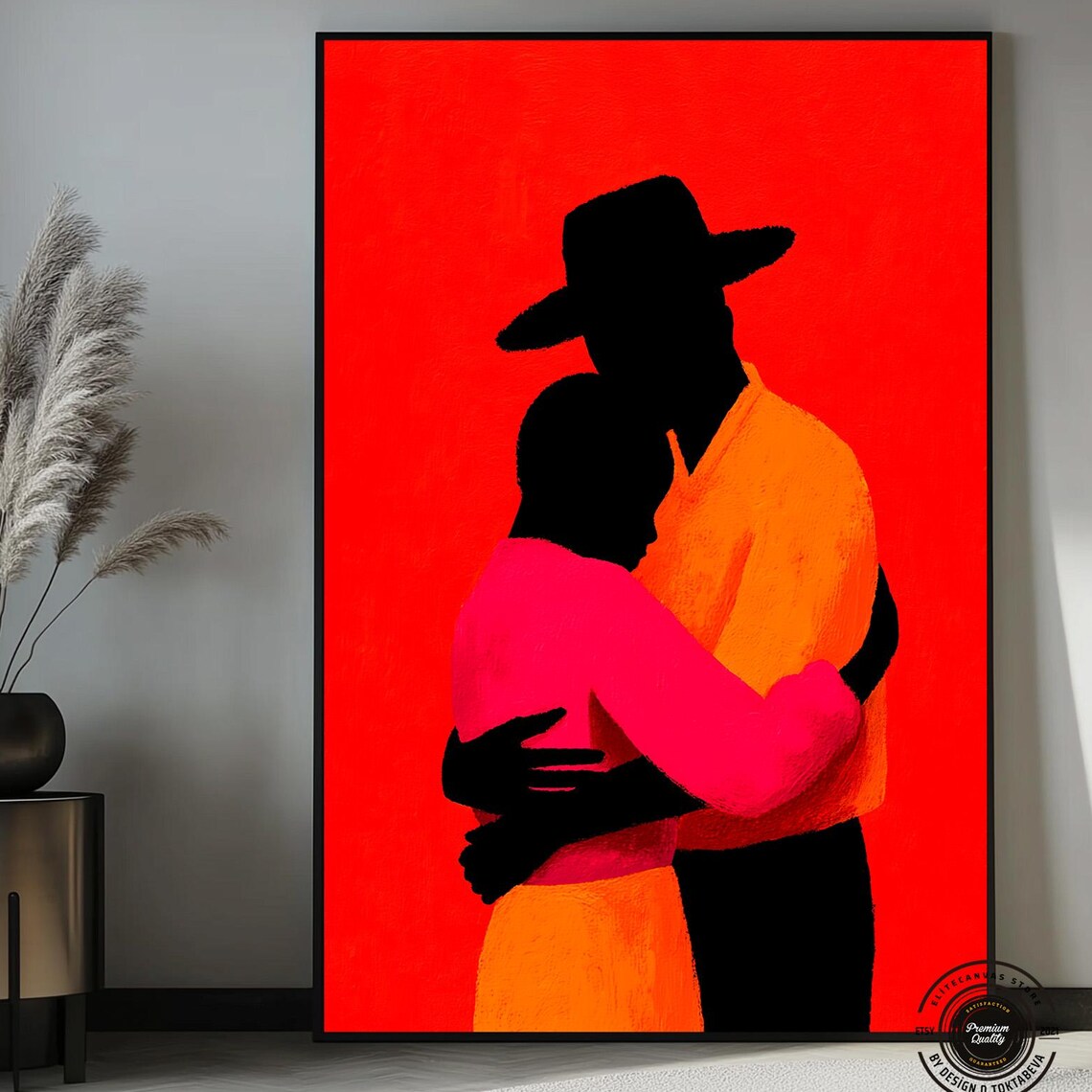 Modern Bold Couple Embracing Red Orange Abstract Love Painting Poster
