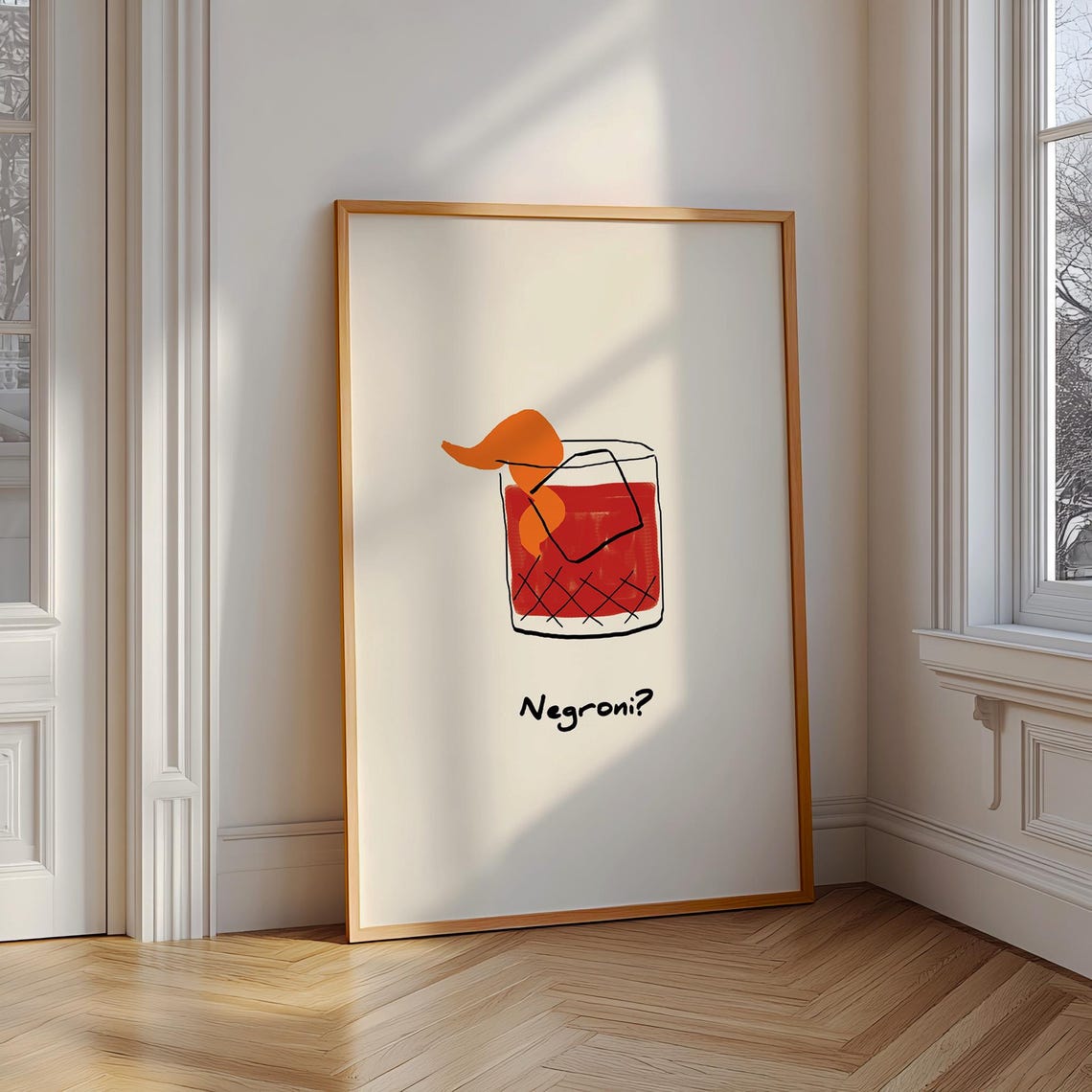Minimalist Negroni Cocktail Line Art Orange Peel Kitchen Bar Poster