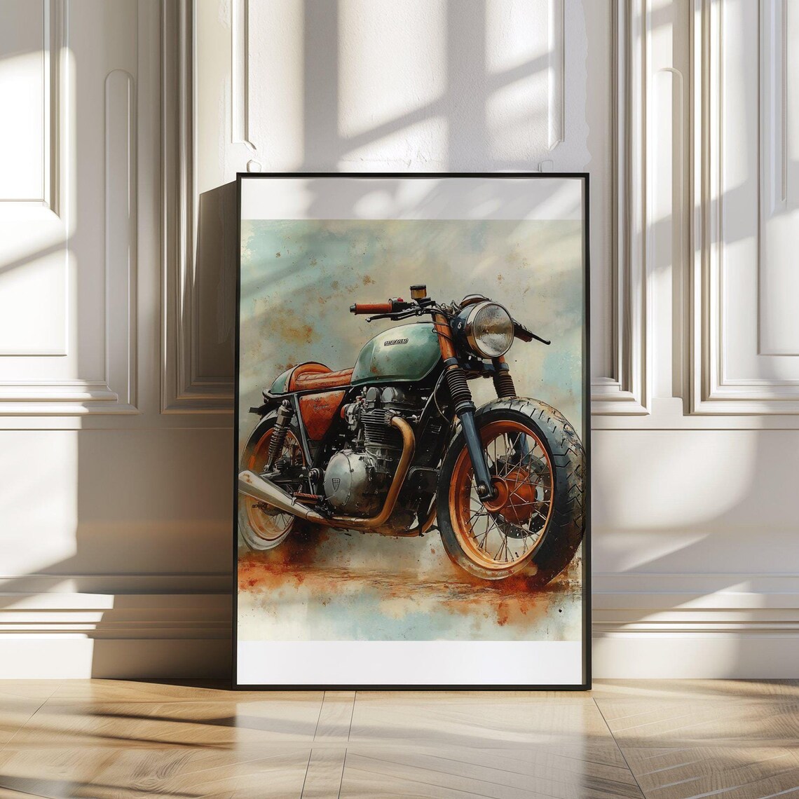 Retro Cafe Racer Motorcycle Poster Teal Watercolor Classic Bike