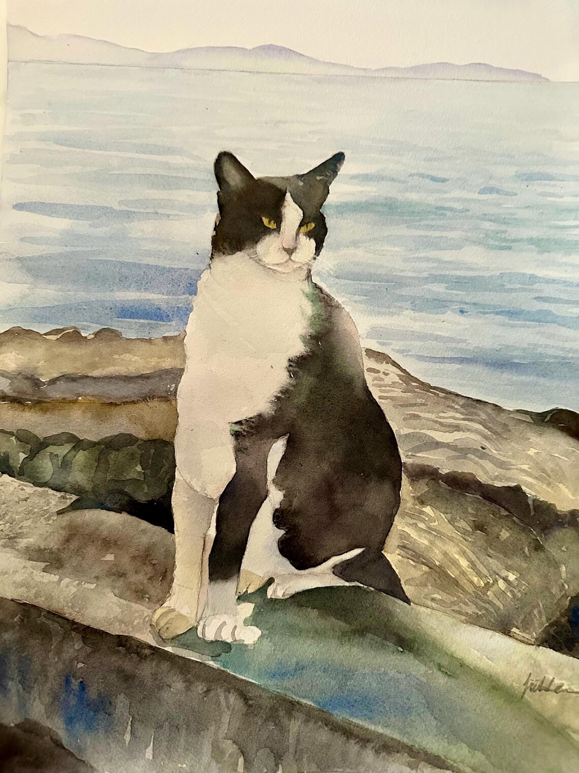 Black and White Tuxedo Cat by the Sea Watercolor Pet Portrait Poster