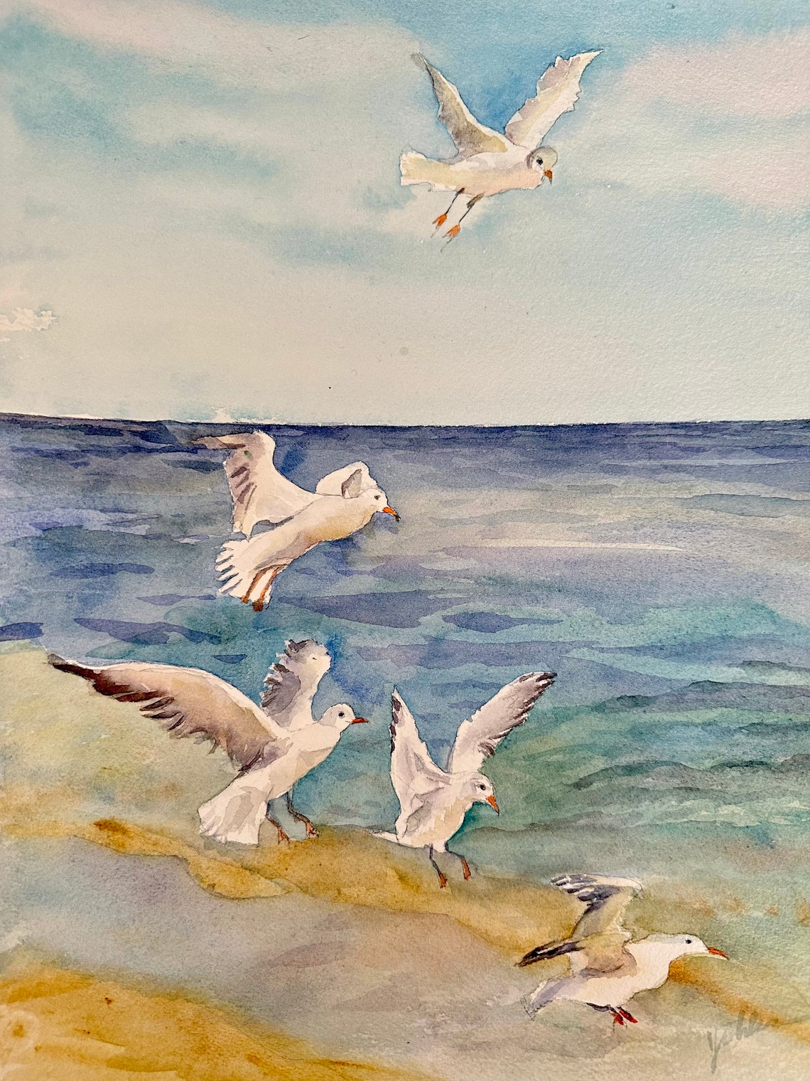 Seagulls Original Watercolor Painting Nautical Art Seagulls Artwork Seagulls On Seaside 10x14 In - Image 7