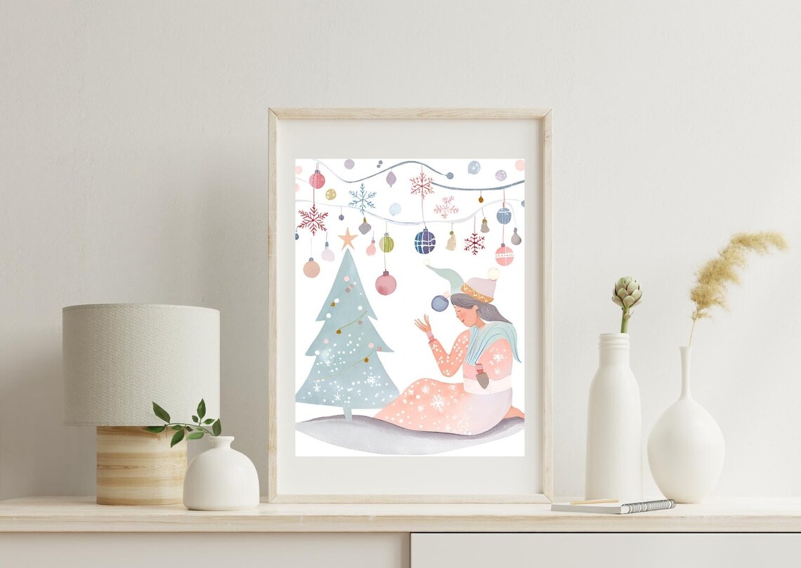 Pastel Girl Decorating Christmas Tree With Ornament Garland Poster