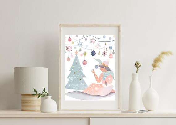 Pastel Girl Decorating Christmas Tree With Ornament Garland Poster