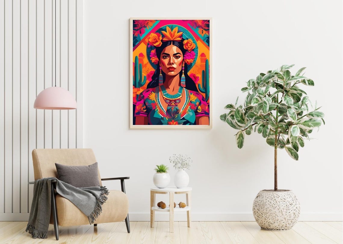 Frida Inspired Woman With Flower Crown And Cactus Garden Poster