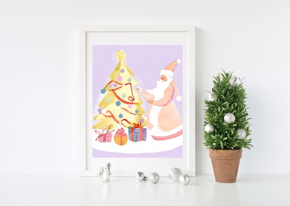 Santa Decorating Christmas Tree Pastel Yellow Nursery Wall Art