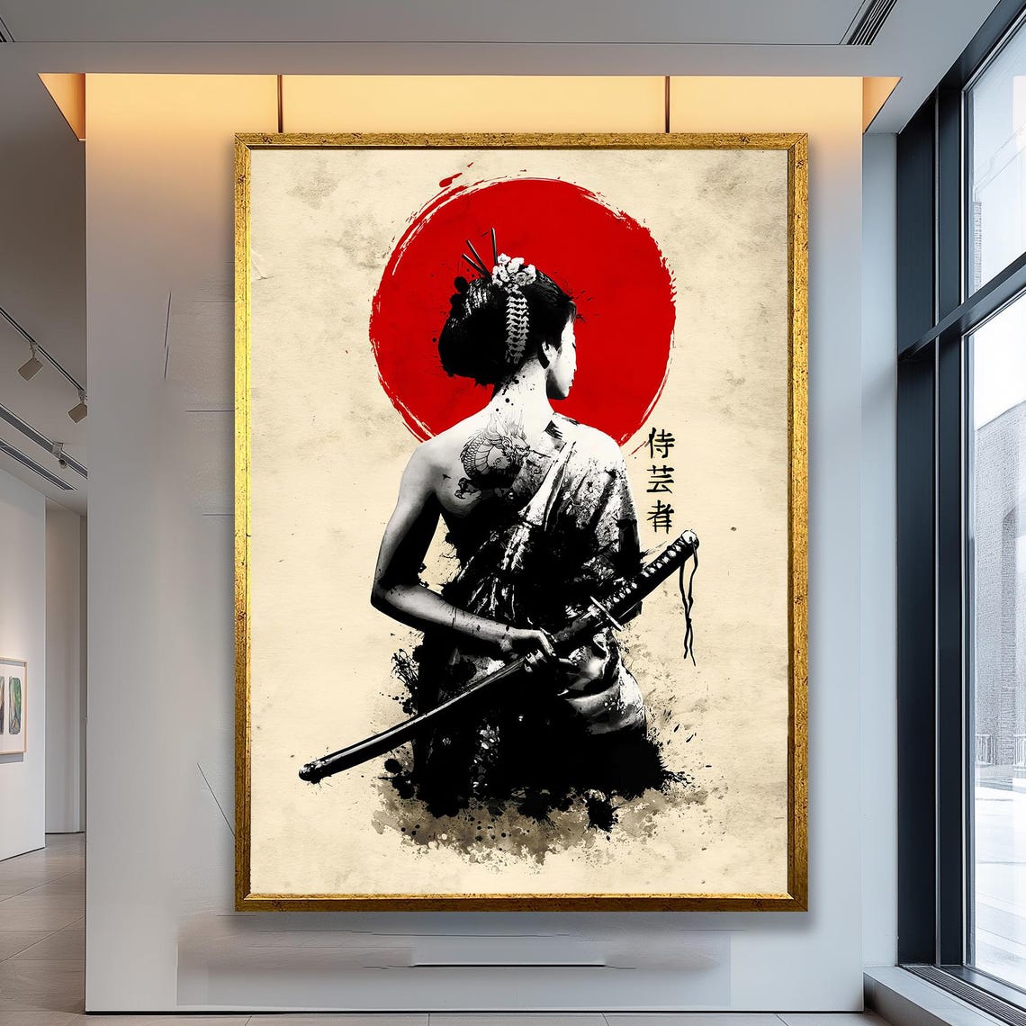 Japanese Samurai Geisha Warrior With Katana and Bold Red Sun Poster